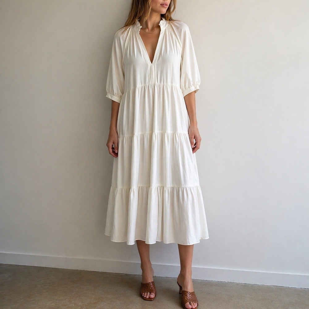 Amanda Uprichard Ivory Tiered Midi Dress Ruffle Neck Size S Coastal Minimalist - Picture 1 of 12